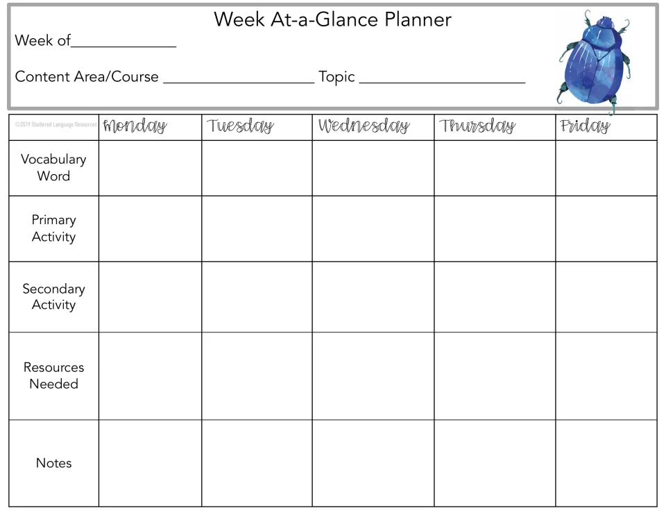 Week planner with a bright blue round beetle: fill in week of, content area and daily plans from vocabulary word to notes