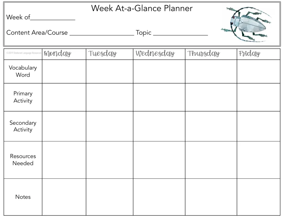 Silver beetle with long antennae on a week-at-a-glance sheet: plan five days of words, activities and supplies