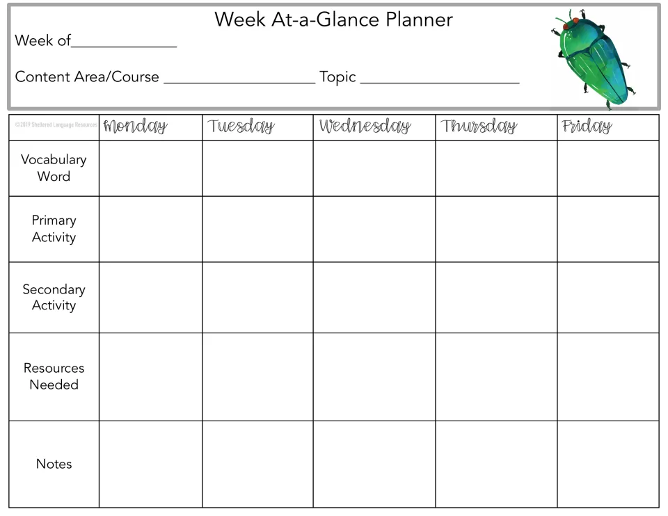 Week At-a-Glance Planner with a red-eyed green beetle: blank Monday to Friday plan for vocabulary, activities and notes