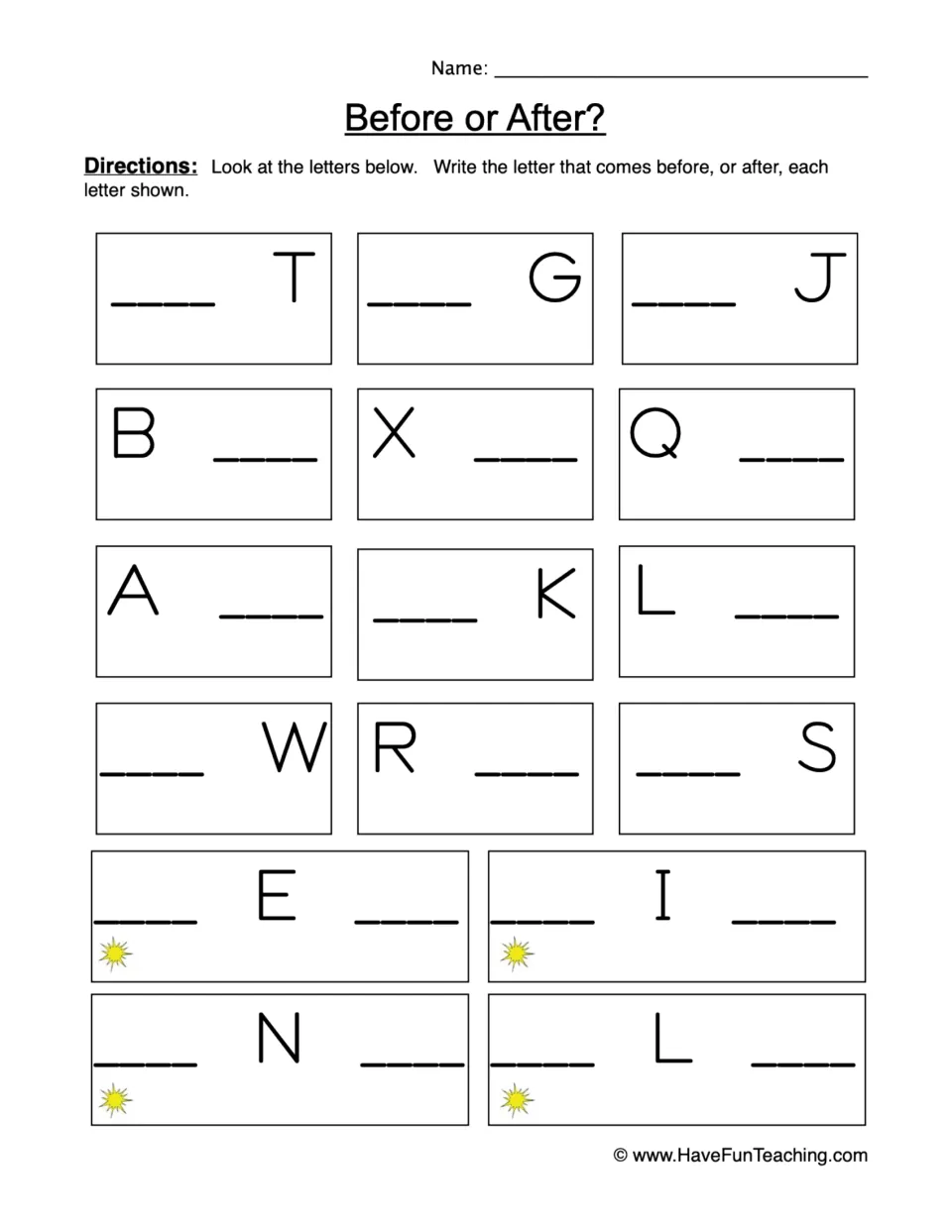 Alphabet order: students write the missing letter before or after 12 letters, then both neighbours of E, I, N and L