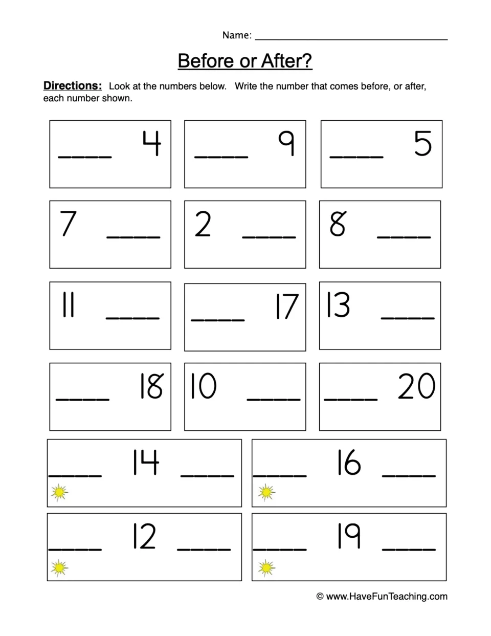 Number order to 20: students write the number that comes before or after each of 16 numbers, filling both sides on 4