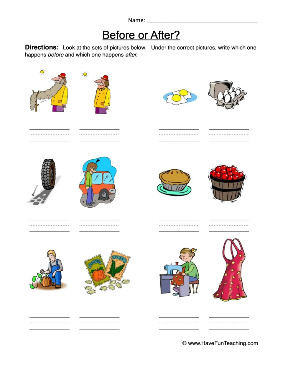 Sequencing worksheet: label before and after for six picture pairs, including eggs, apples, seeds, and sewing.