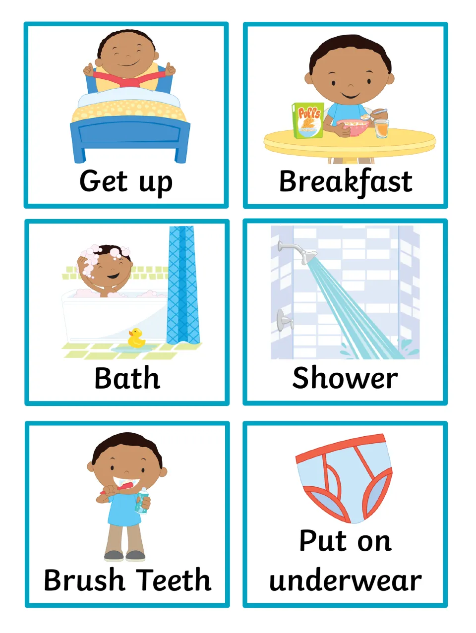 Morning routine picture cards with a boy: get up, breakfast, bath, shower, brush teeth and put on underwear