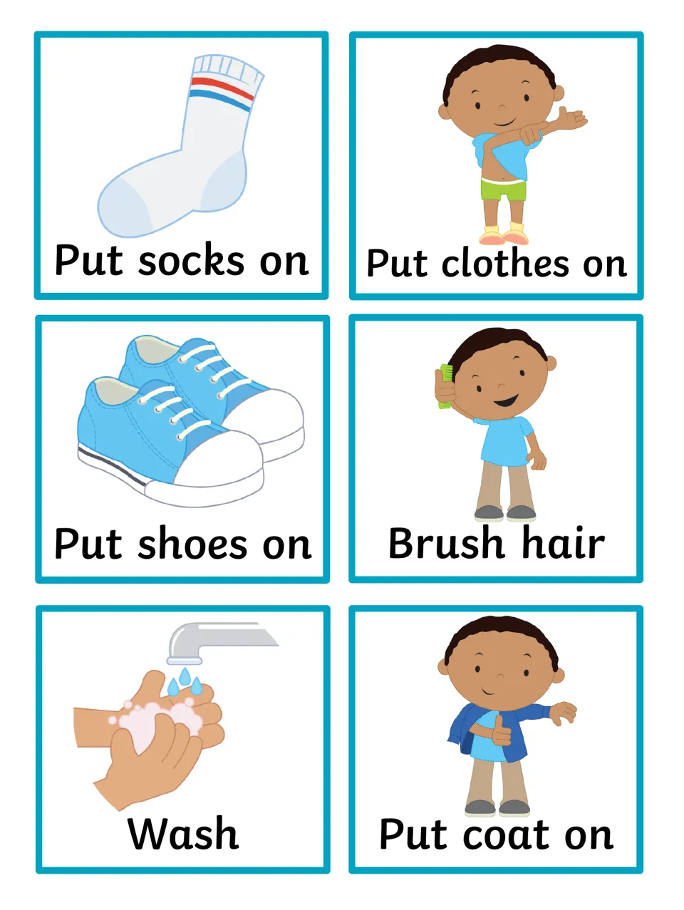 Getting-dressed picture cards with a boy: put socks, clothes, shoes and coat on, brush hair and wash hands