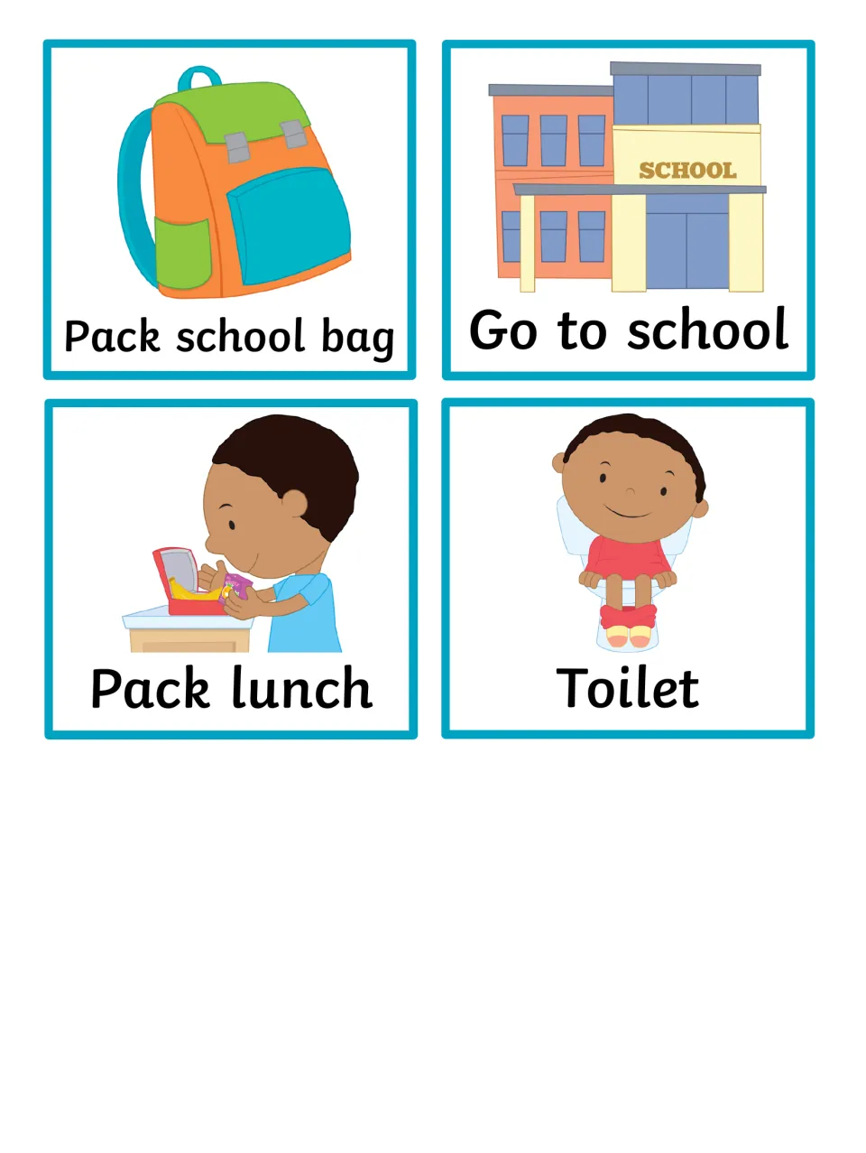 Leaving-home picture cards with a boy: pack school bag, pack lunch, use the toilet and go to school
