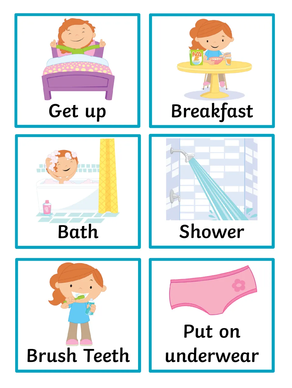 Girl version of the wake-up cards: get up, breakfast, bath, shower, brush teeth and put on underwear pictures