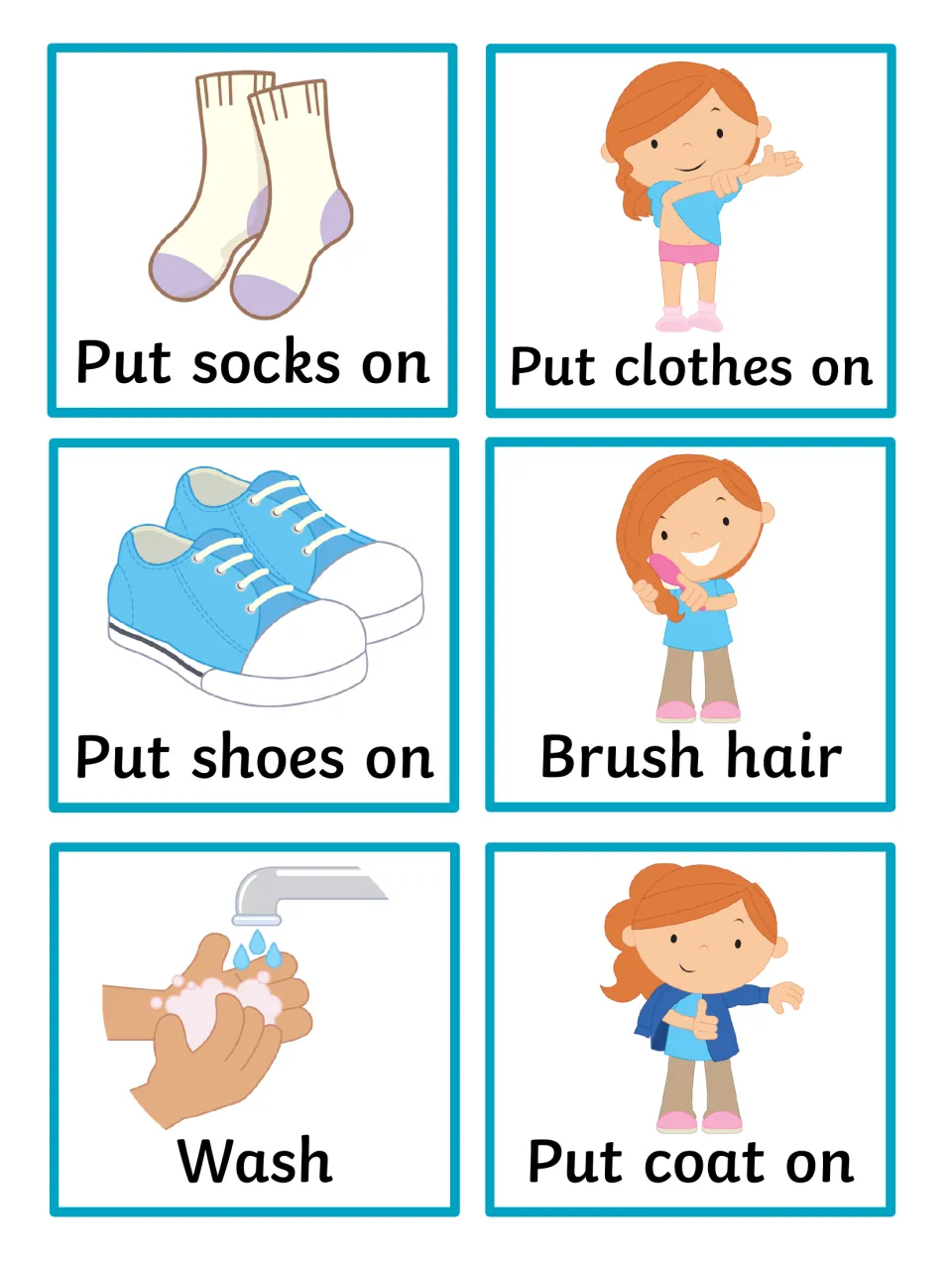 Girl version of the dressing cards: socks, clothes, shoes and coat on, brush hair and wash hands with soap