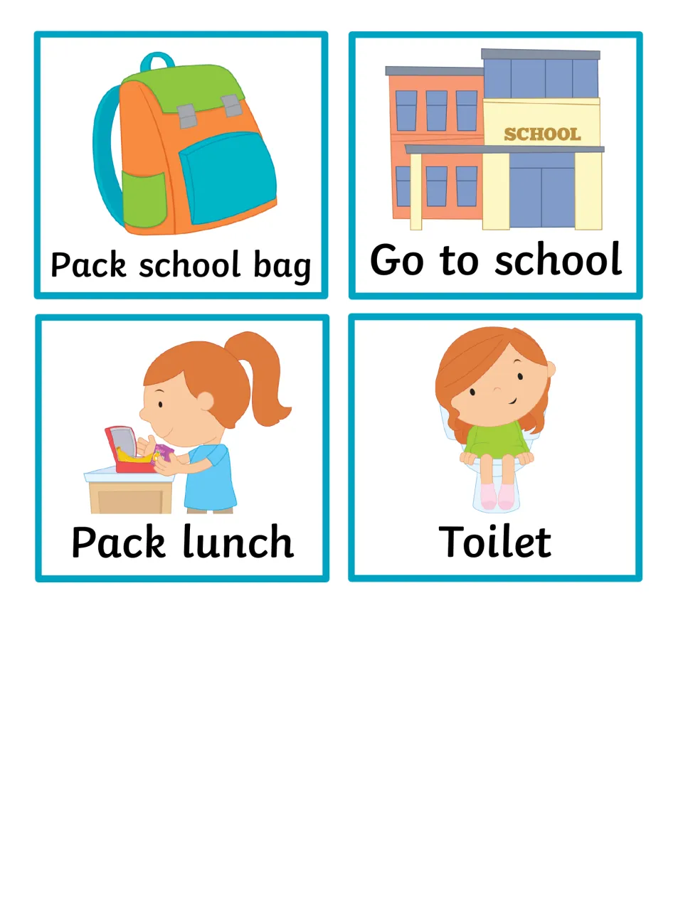Girl version of the leaving-home cards: pack school bag, pack lunch, toilet and go to school with a school building