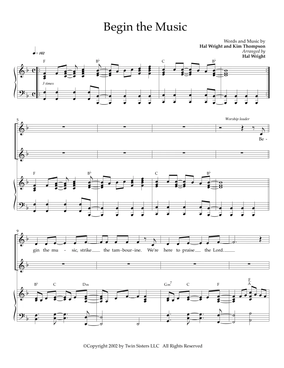Begin the Music score, bars 1-12: piano intro in F played 3 times, then the worship leader's first sung line
