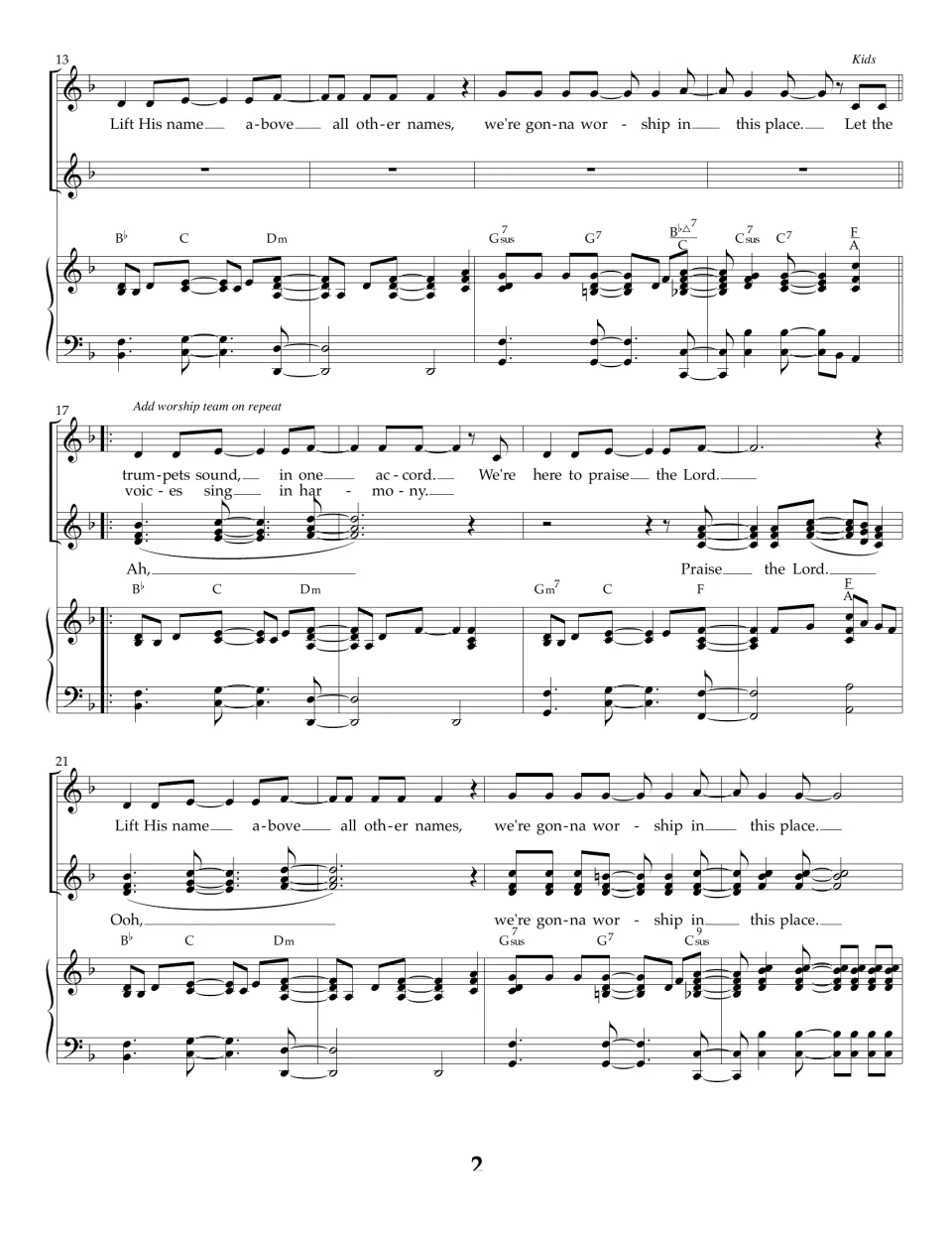 Vocal score bars 13-24: Lift His name above all other names, kids join, then trumpets sound verse with Ah harmony line
