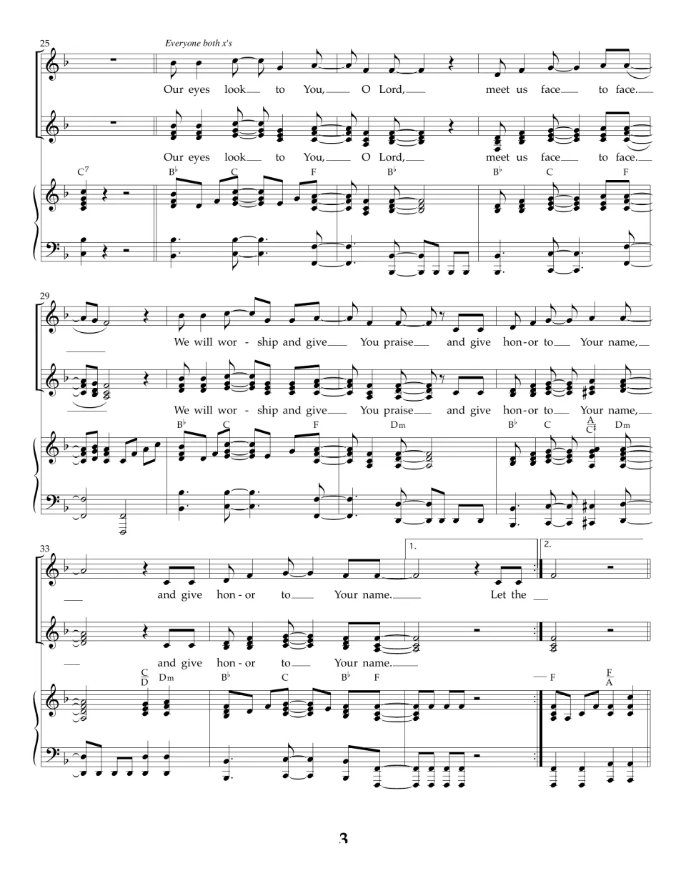 Vocal score bars 25-36: everyone sings Our eyes look to You, O Lord and We will worship, with 1st and 2nd endings