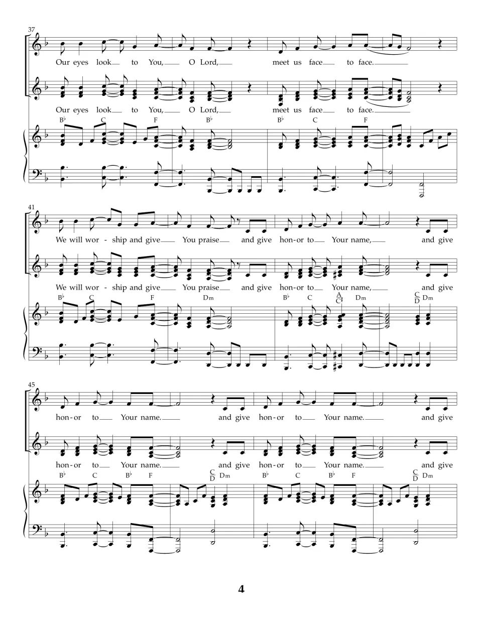 Vocal score bars 37-48: Our eyes look to You chorus returns, then and give honor to Your name repeats toward the ending