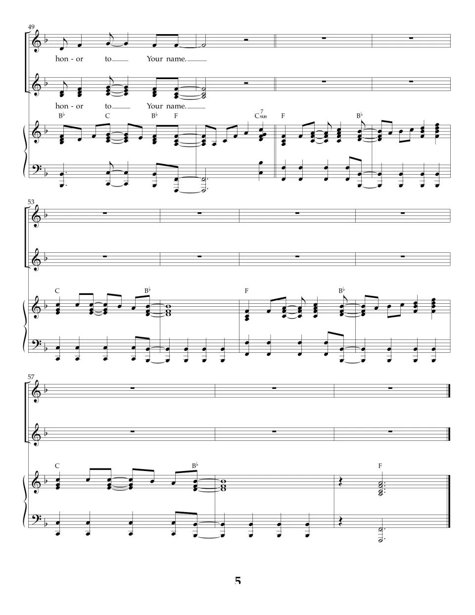 Final section, bars 49-60: last honor to Your name, then voices rest during the piano outro and ends on an F chord