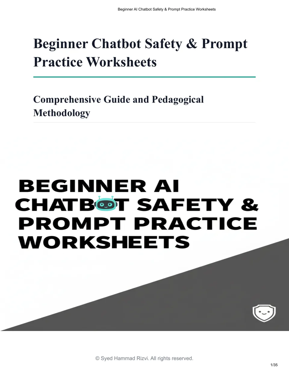 Cover of Beginner AI Chatbot Safety & Prompt Practice Worksheets, introducing the pedagogical guide