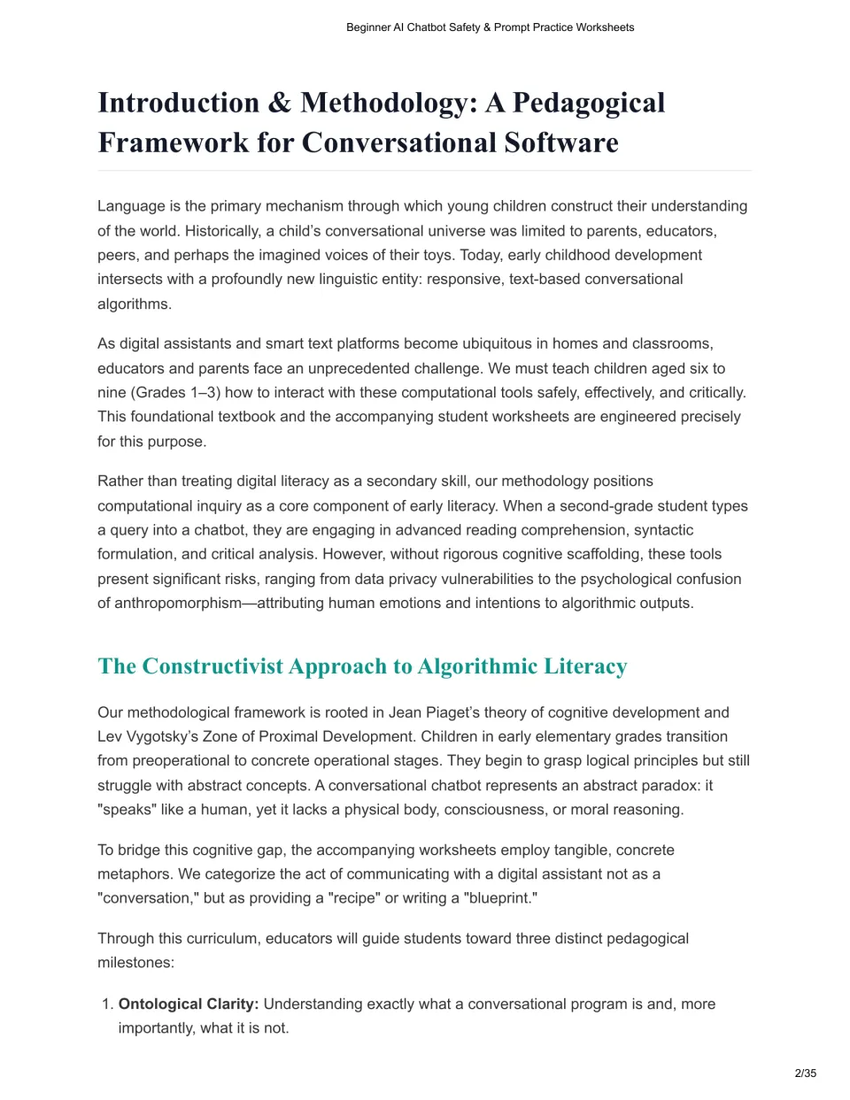Guide introduction connects chatbot safety for grades 1–3 to Piaget, Vygotsky, and early literacy skills
