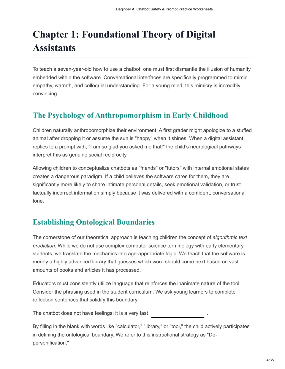 Chapter 1 guide explains anthropomorphism and teaching children that chatbots are tools without feelings