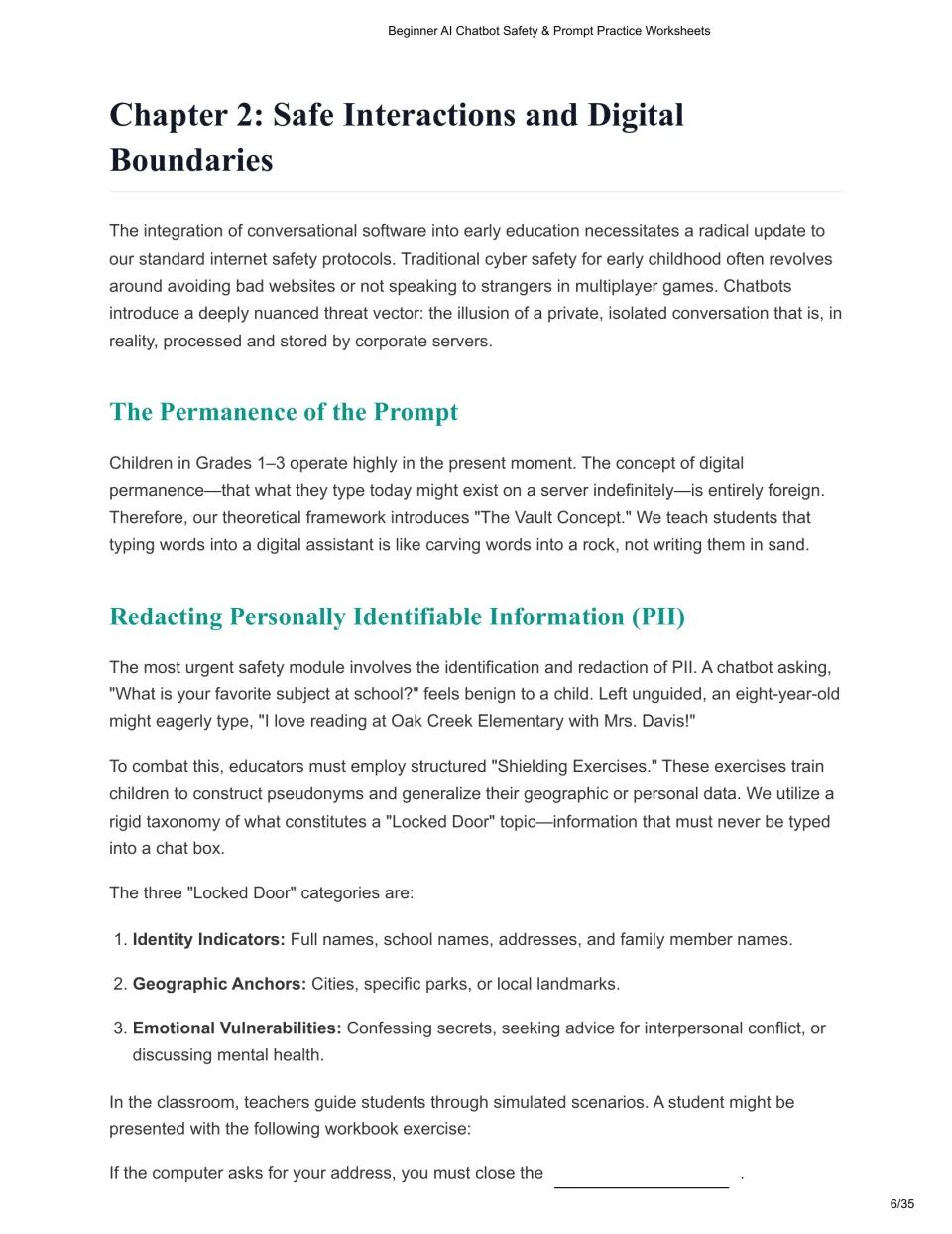 Chapter 2 guide covers prompt permanence and protecting names, locations, and sensitive personal details