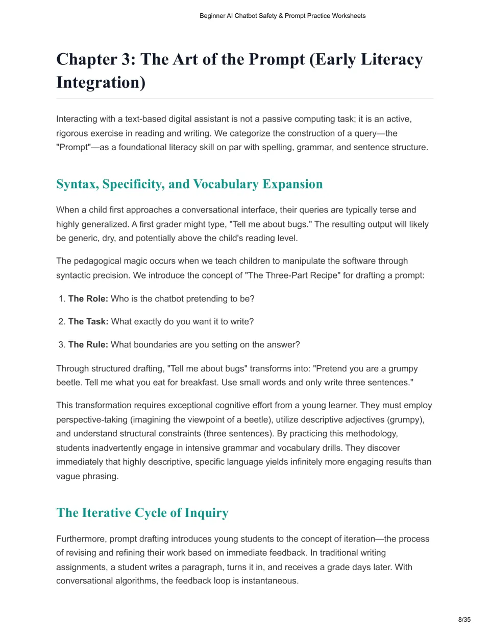 Chapter 3 guide introduces the Three-Part Recipe for prompts: role, task, and rule, with a beetle example