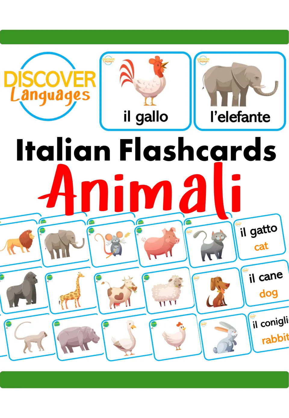 Italian animal flashcard cover titled 'Animali', featuring il gallo (rooster) and l’elefante (elephant)