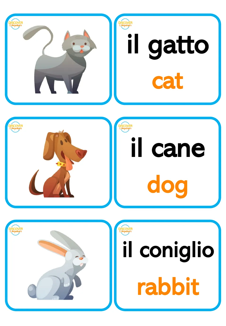 Italian animal picture and word cards: il gatto (cat), il cane (dog), and il coniglio (rabbit)