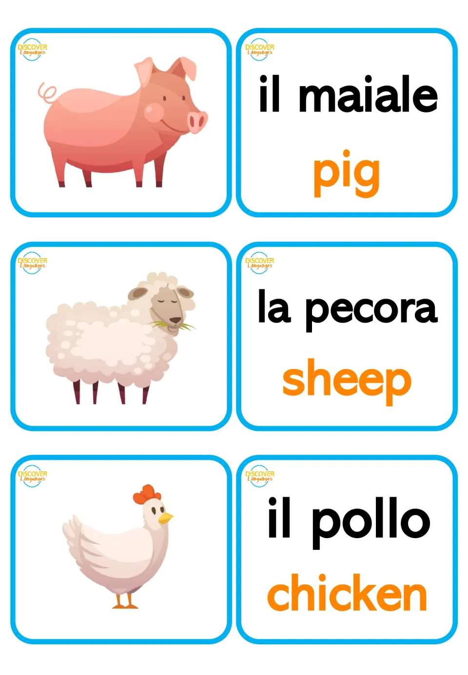 Italian animal picture and word cards: il maiale (pig), la pecora (sheep), and il pollo (chicken)