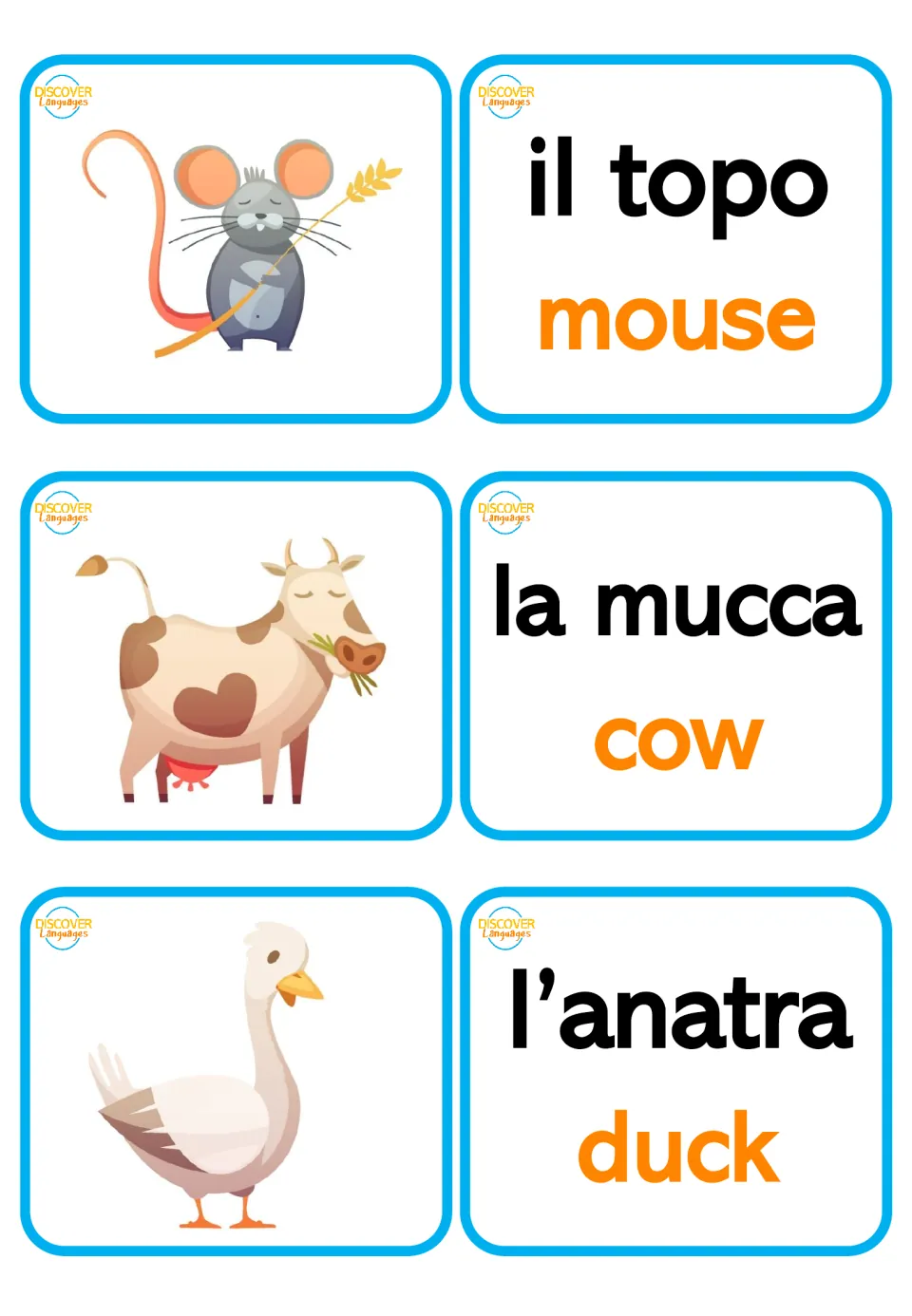 Italian animal picture and word cards: il topo (mouse), la mucca (cow), and l’anatra (duck)