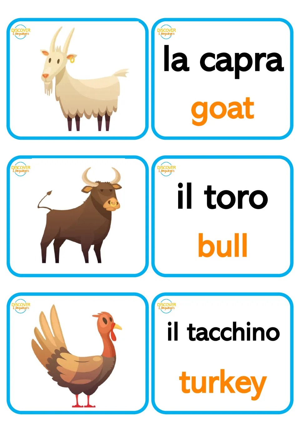 Italian animal picture and word cards: la capra (goat), il toro (bull), and il tacchino (turkey)