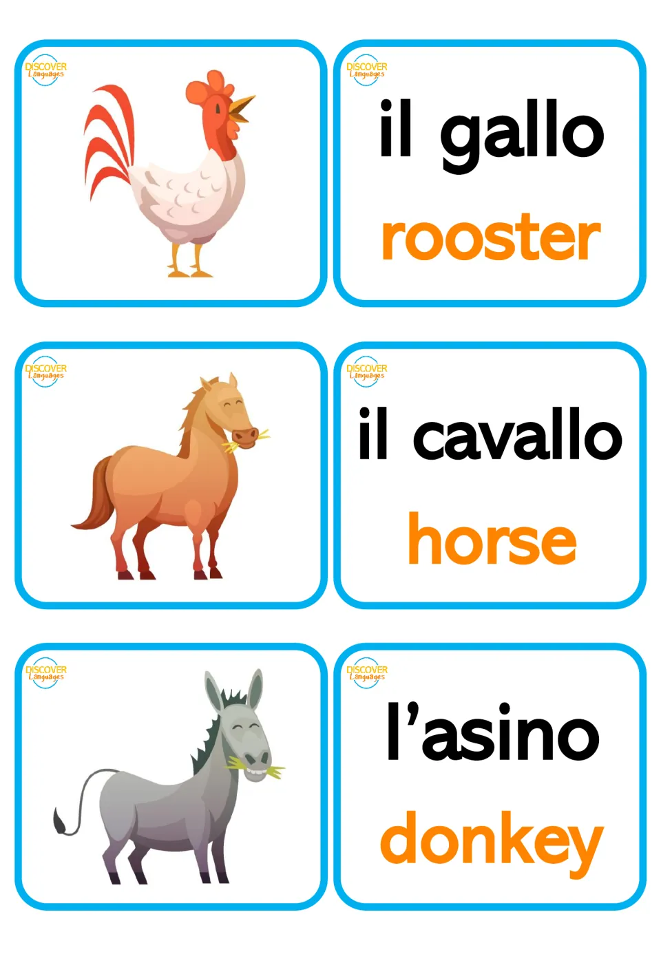 Italian animal picture and word cards: il gallo (rooster), il cavallo (horse), and l’asino (donkey)