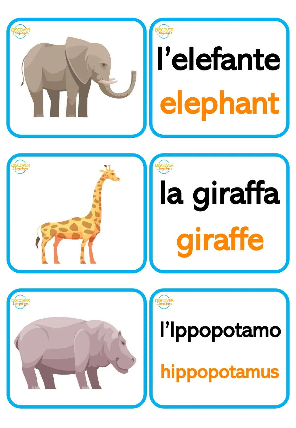 Italian picture and word cards: l’elefante (elephant), la giraffa (giraffe), and l’ippopotamo (hippopotamus)