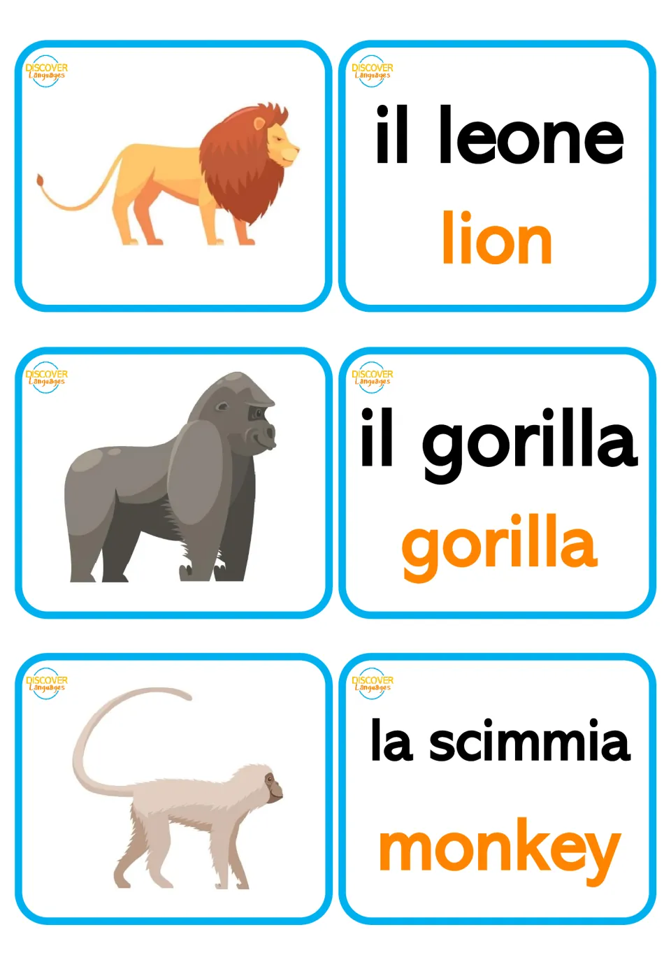 Italian animal picture and word cards: il leone (lion), il gorilla (gorilla), and la scimmia (monkey)