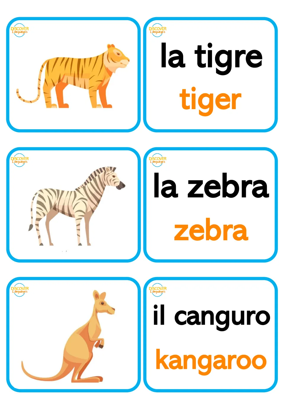 Italian animal picture and word cards: la tigre (tiger), la zebra (zebra), and il canguro (kangaroo)