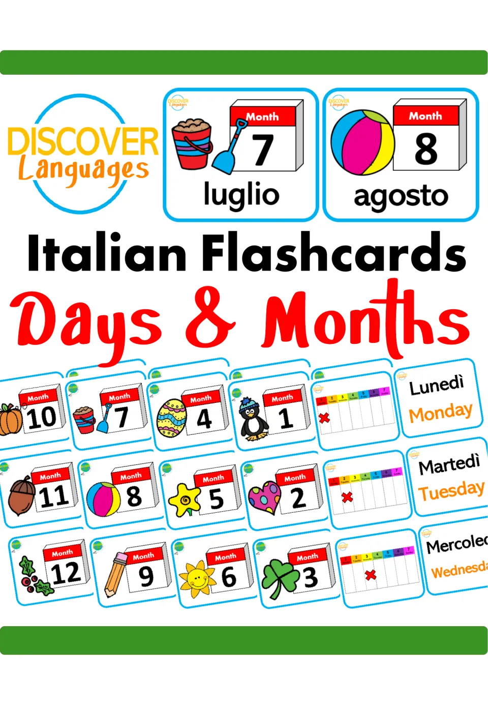 Cover for Italian Flashcards Days & Months, showing month cards luglio and agosto and day cards like Lunedì/Monday