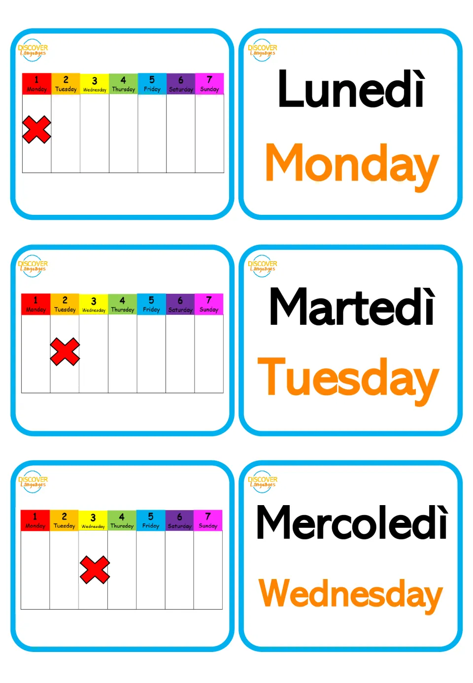 Italian weekdays: Lunedì, Martedì and Mercoledì cards with English Monday to Wednesday and a week chart marking each day