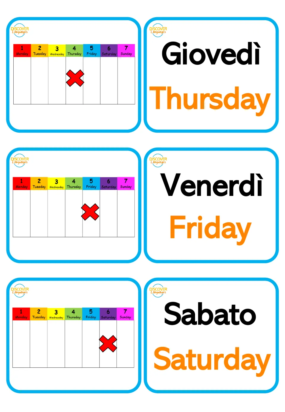 Italian weekdays: Giovedì, Venerdì and Sabato cards with English Thursday to Saturday, paired with a marked week chart