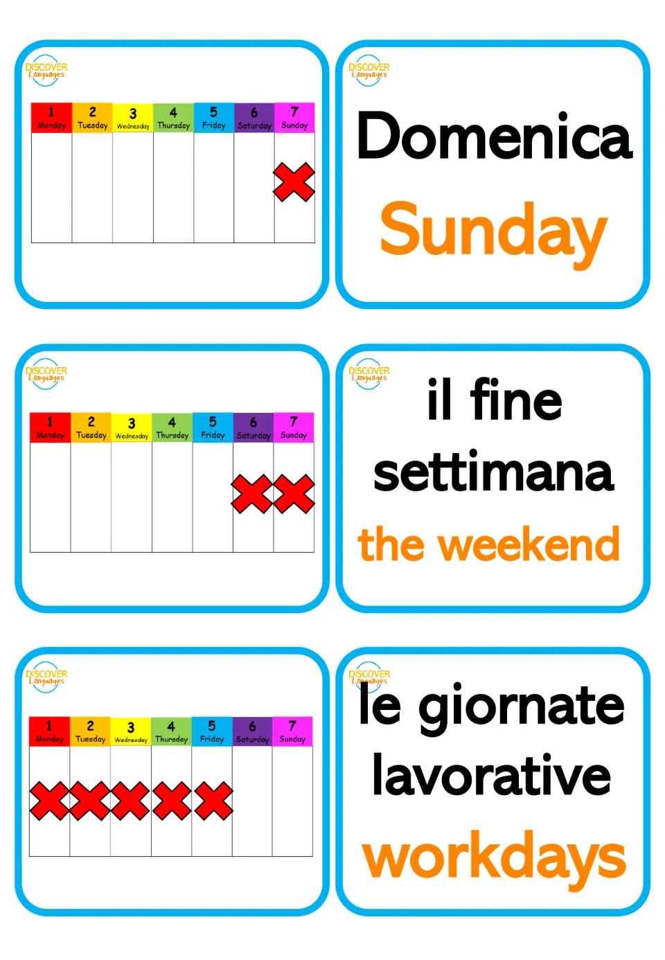 Domenica (Sunday), il fine settimana (the weekend), le giornate lavorative (workdays) cards with marked week charts