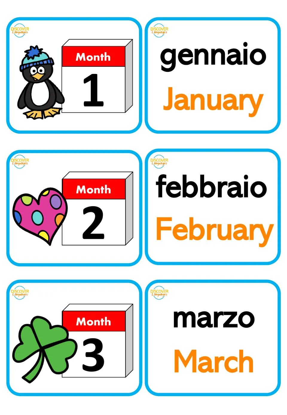 Italian months 1 to 3: gennaio, febbraio, marzo with English January to March, plus penguin, heart and clover number cards