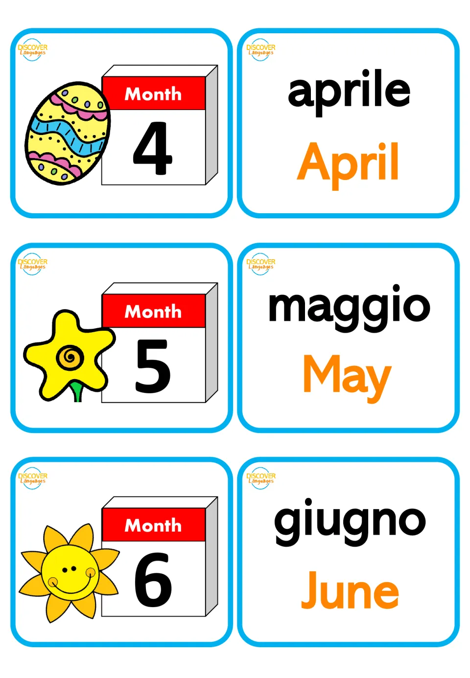 Italian months 4 to 6: aprile, maggio, giugno with English April to June, plus egg, flower and sun number cards