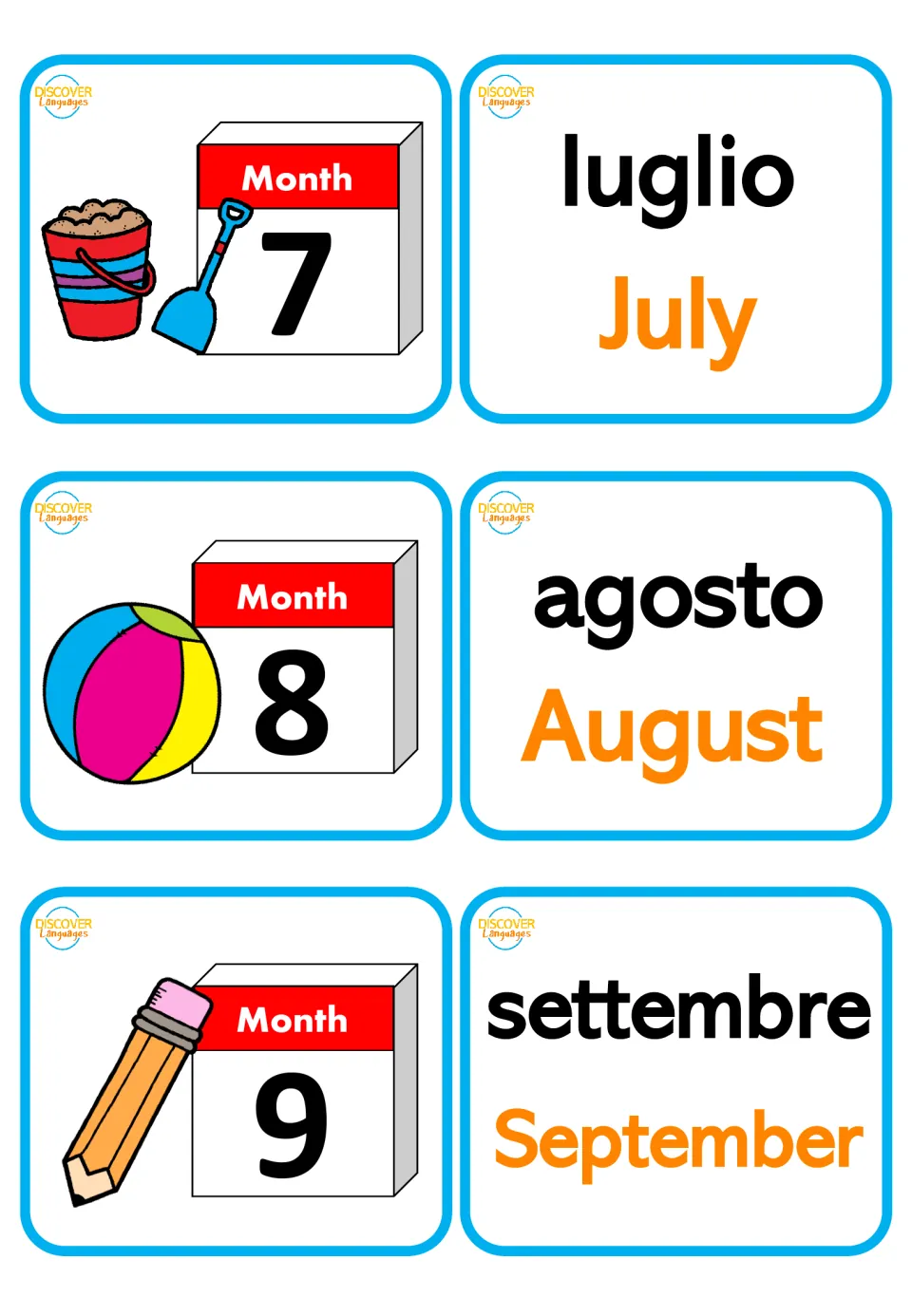 Italian months 7 to 9: luglio, agosto, settembre with English July to September, plus pail, beach ball and pencil cards