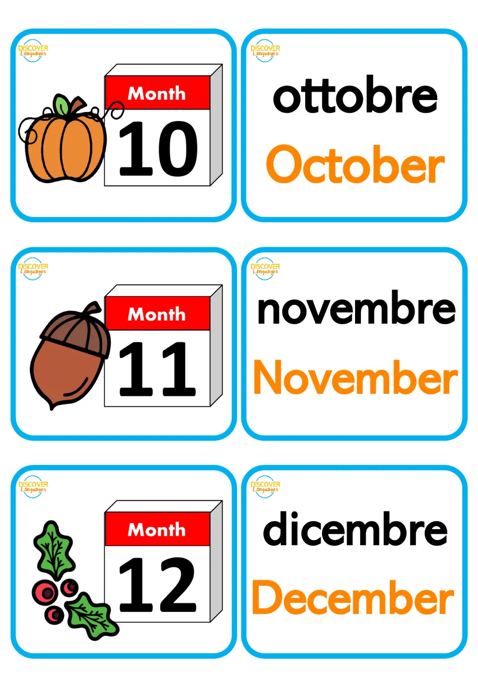 Italian months 10 to 12: ottobre, novembre, dicembre with English October to December, plus pumpkin, acorn and holly cards