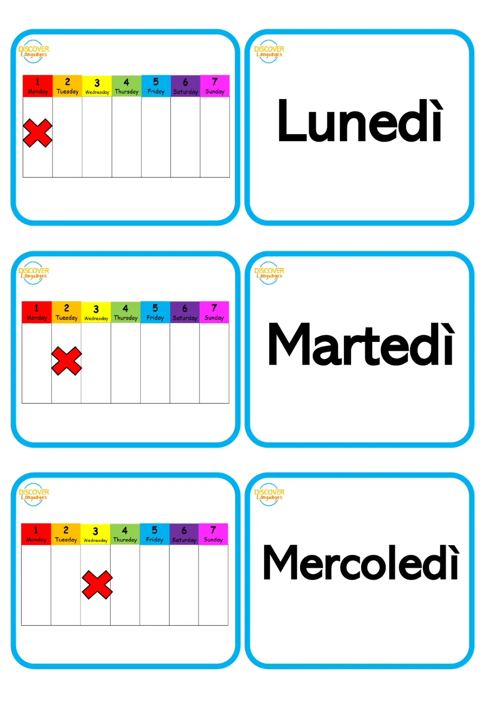 Italian-only day cards Lunedì, Martedì and Mercoledì with matching week charts, for recalling each English day name