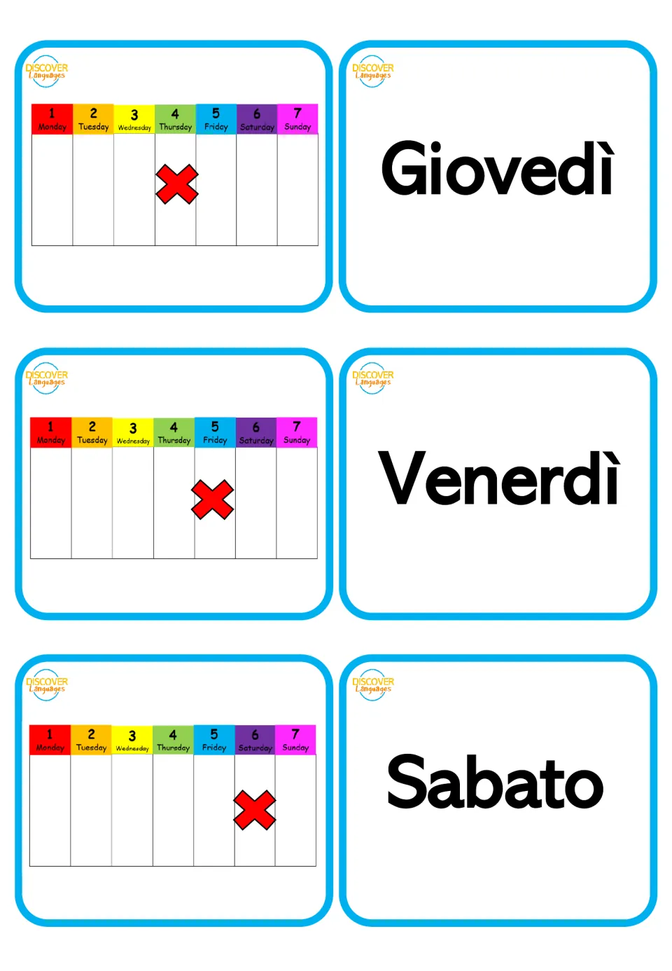 Italian-only day cards Giovedì, Venerdì and Sabato with week charts marking Thursday, Friday and Saturday, for recall