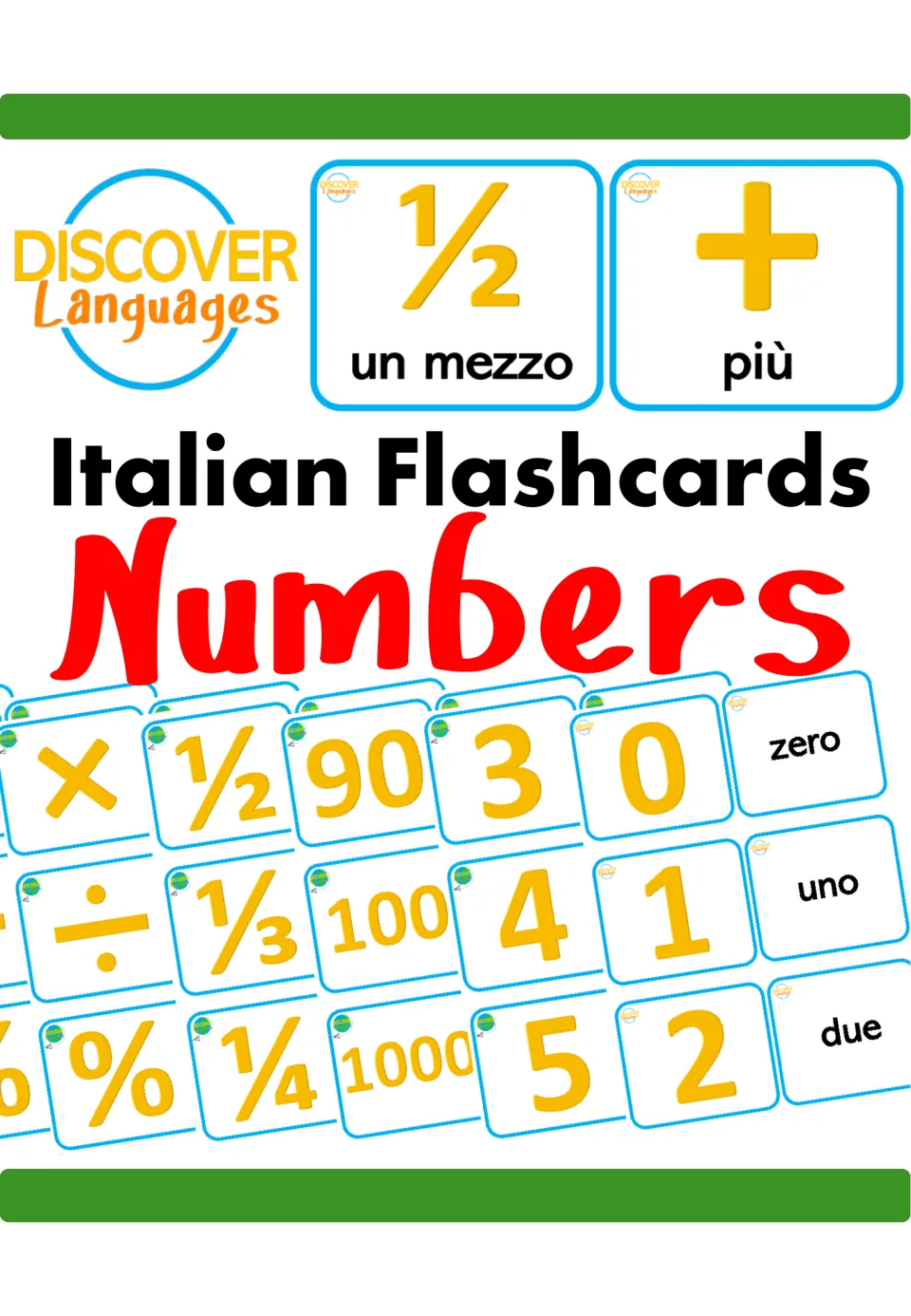 Italian number flashcard cover showing sample numerals, fractions, and math symbols, including più (plus)