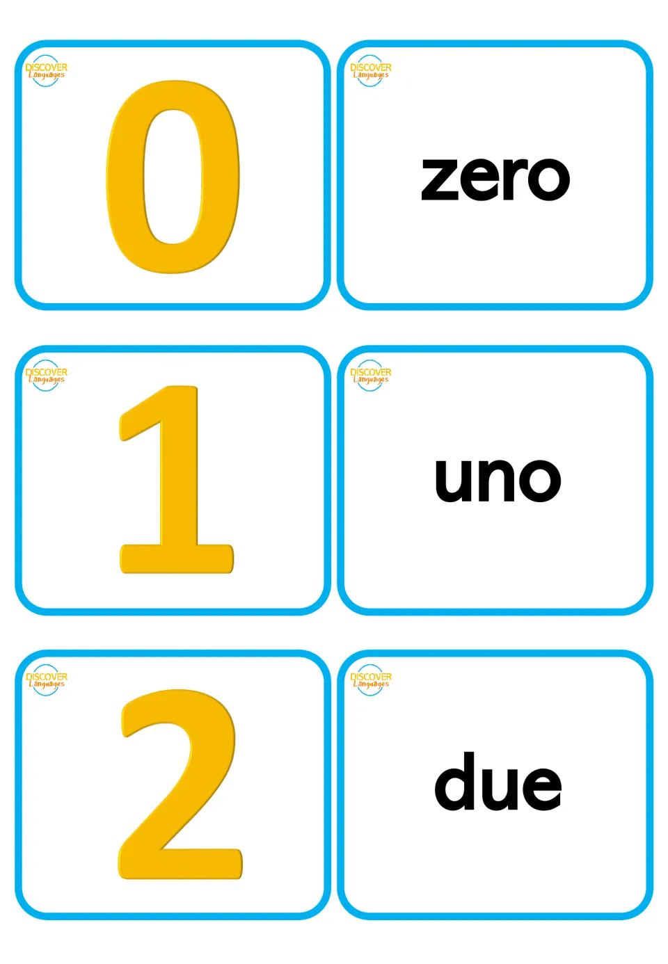 Italian number flashcards for 0–2: three numeral cards paired with zero (zero), uno (one), and due (two)
