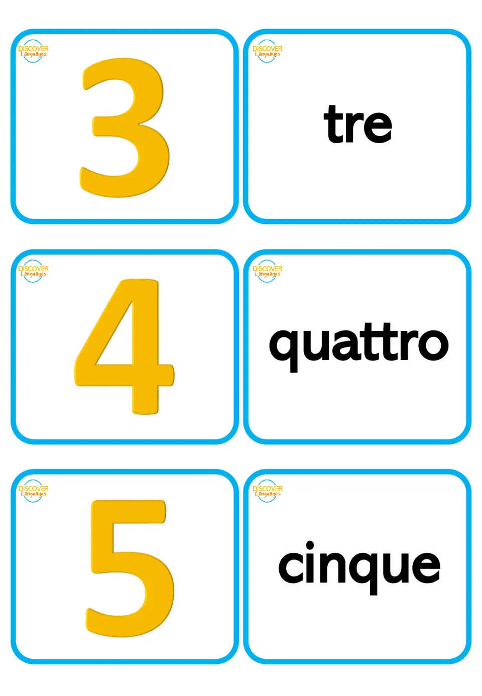 Italian number flashcards for 3–5: three numeral cards paired with tre (three), quattro (four), and cinque (five)