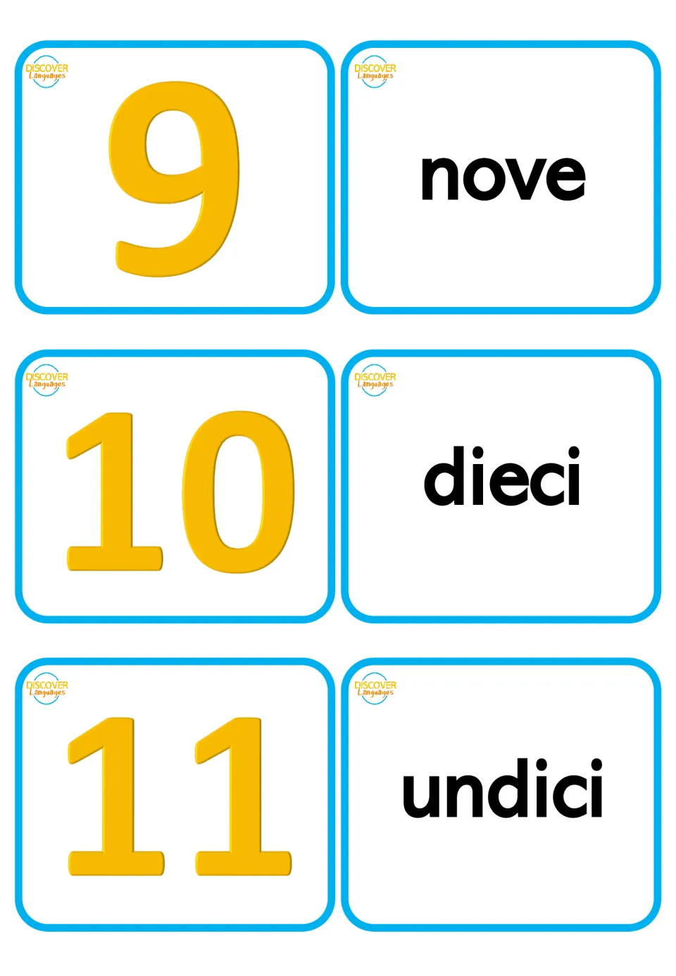 Italian number flashcards for 9–11: numeral cards paired with nove (nine), dieci (ten), and undici (eleven)