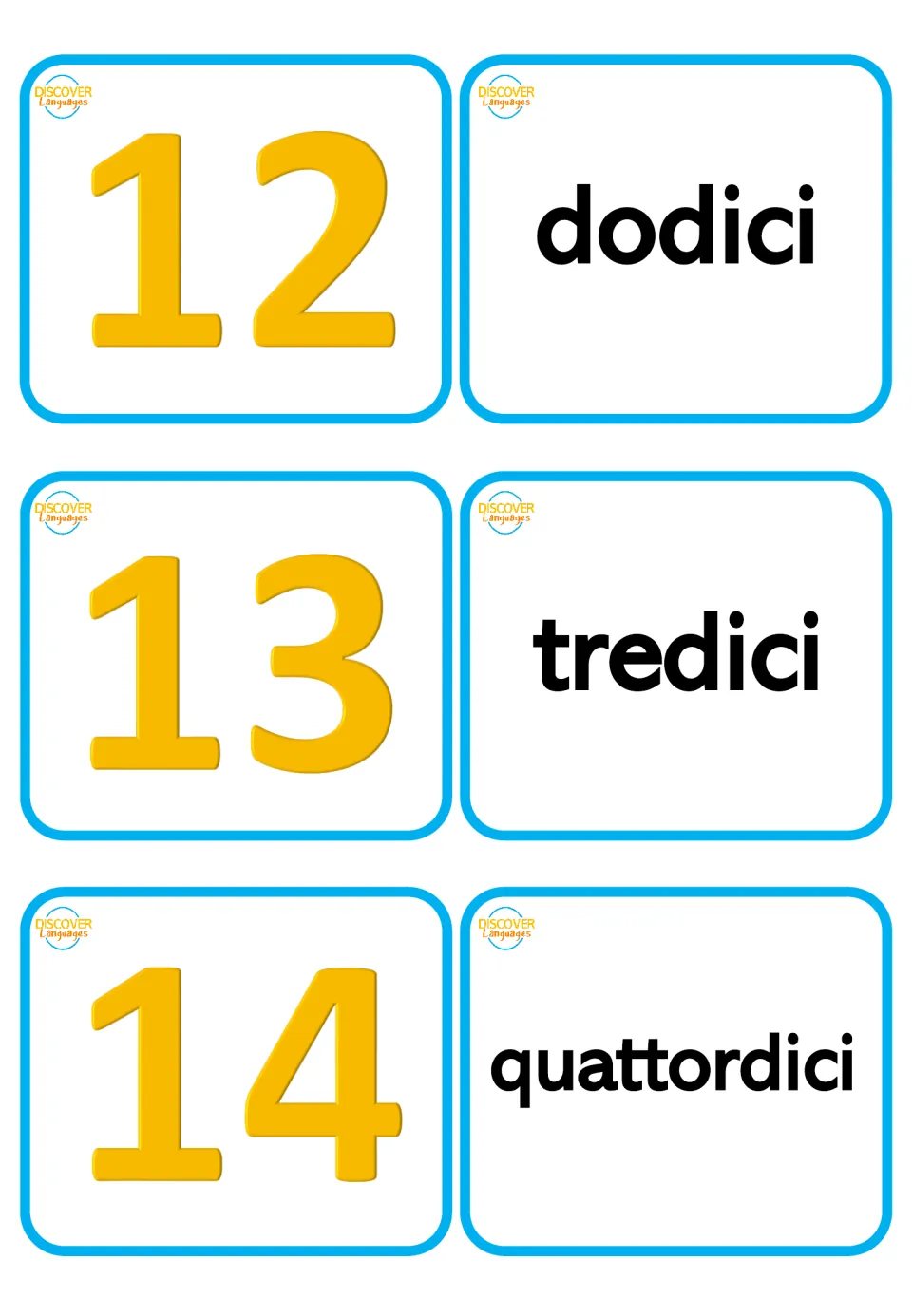 Italian number flashcards for 12–14: numerals paired with dodici (twelve), tredici (thirteen), quattordici (fourteen)