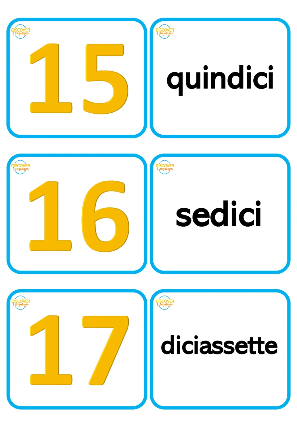 Italian flashcards for 15–17: numerals paired with quindici (fifteen), sedici (sixteen), diciassette (seventeen)