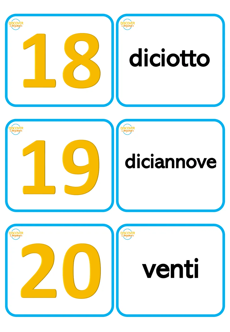 Italian flashcards for 18–20: numerals paired with diciotto (eighteen), diciannove (nineteen), venti (twenty)