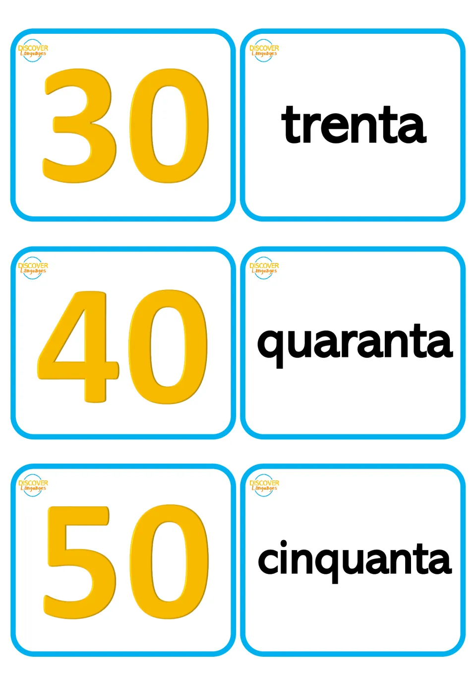 Italian number flashcards for 30, 40, 50: numerals paired with trenta (thirty), quaranta (forty), cinquanta (fifty)