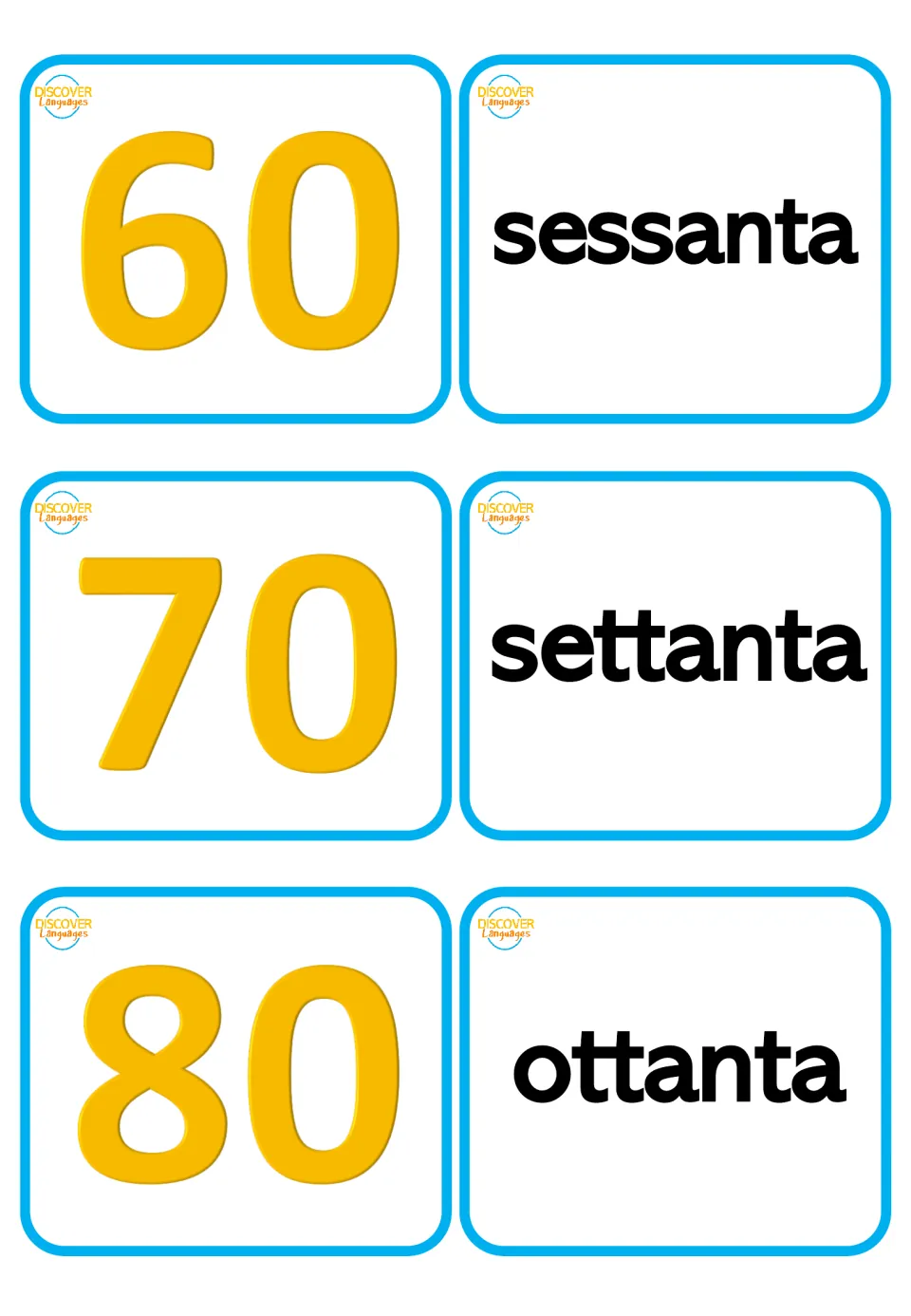 Italian flashcards for 60, 70, 80: numerals paired with sessanta (sixty), settanta (seventy), ottanta (eighty)